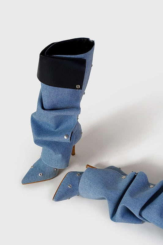 AIIZIE ISABELA APPLIQUÉ RUCHED DENIM KNEE-HIGH BOOTS - BLUE - product image