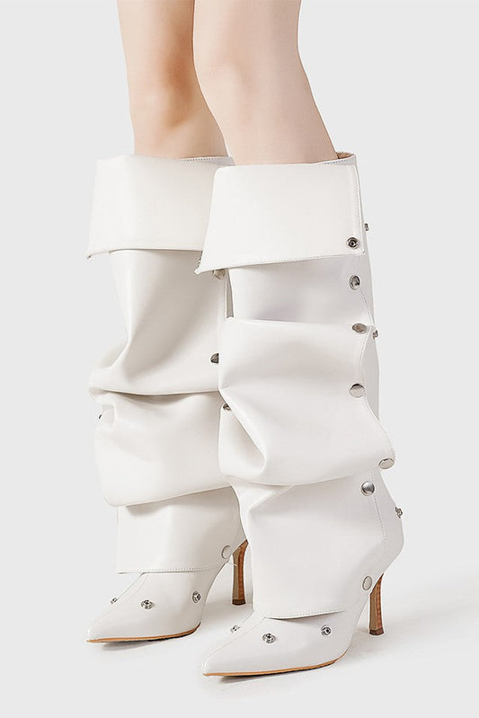 ISABELA APPLIQUÉ RUCHED KNEE-HIGH BOOTS - WHITE