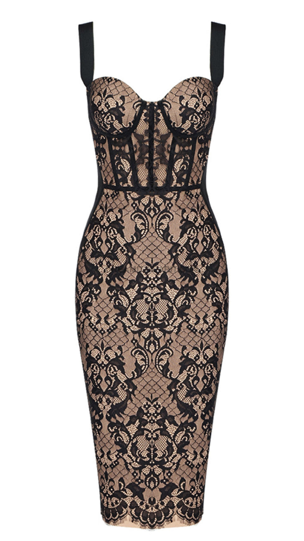 LACE INSERT BUSTIER MIDI DRESS BLACK