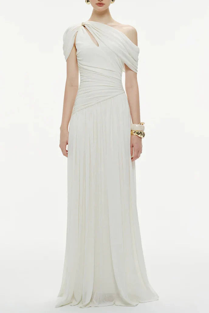 eleanore one-shoulder cutout pleated maxi dress - white