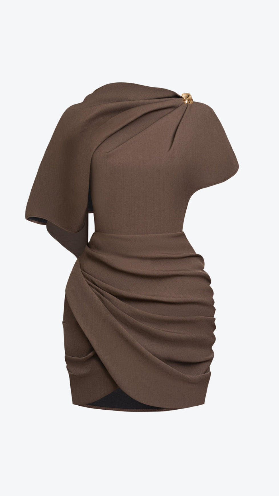 AGATHA ASYMMETRIC SLEEVE DRAPED MINI DRESS IN BROWN