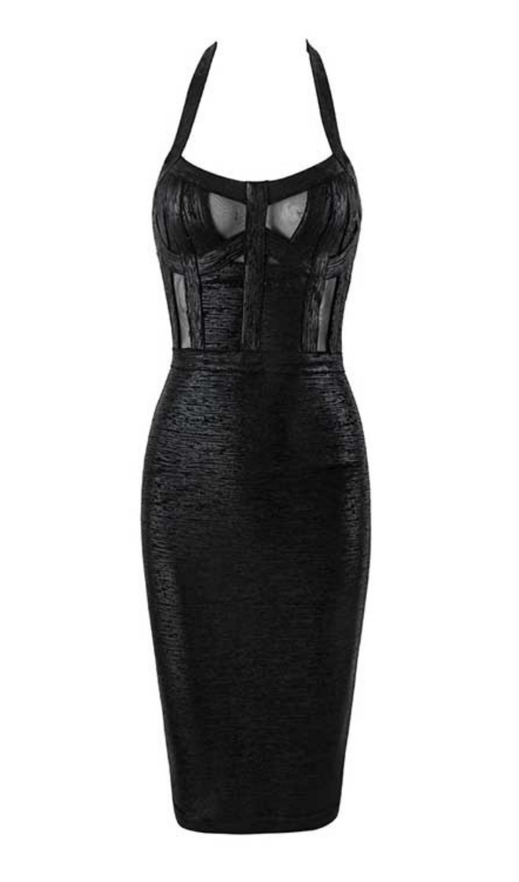 METALLIC-BANDAGE-KLEID MIT HALSAUSSCHNITT - SCHWARZ