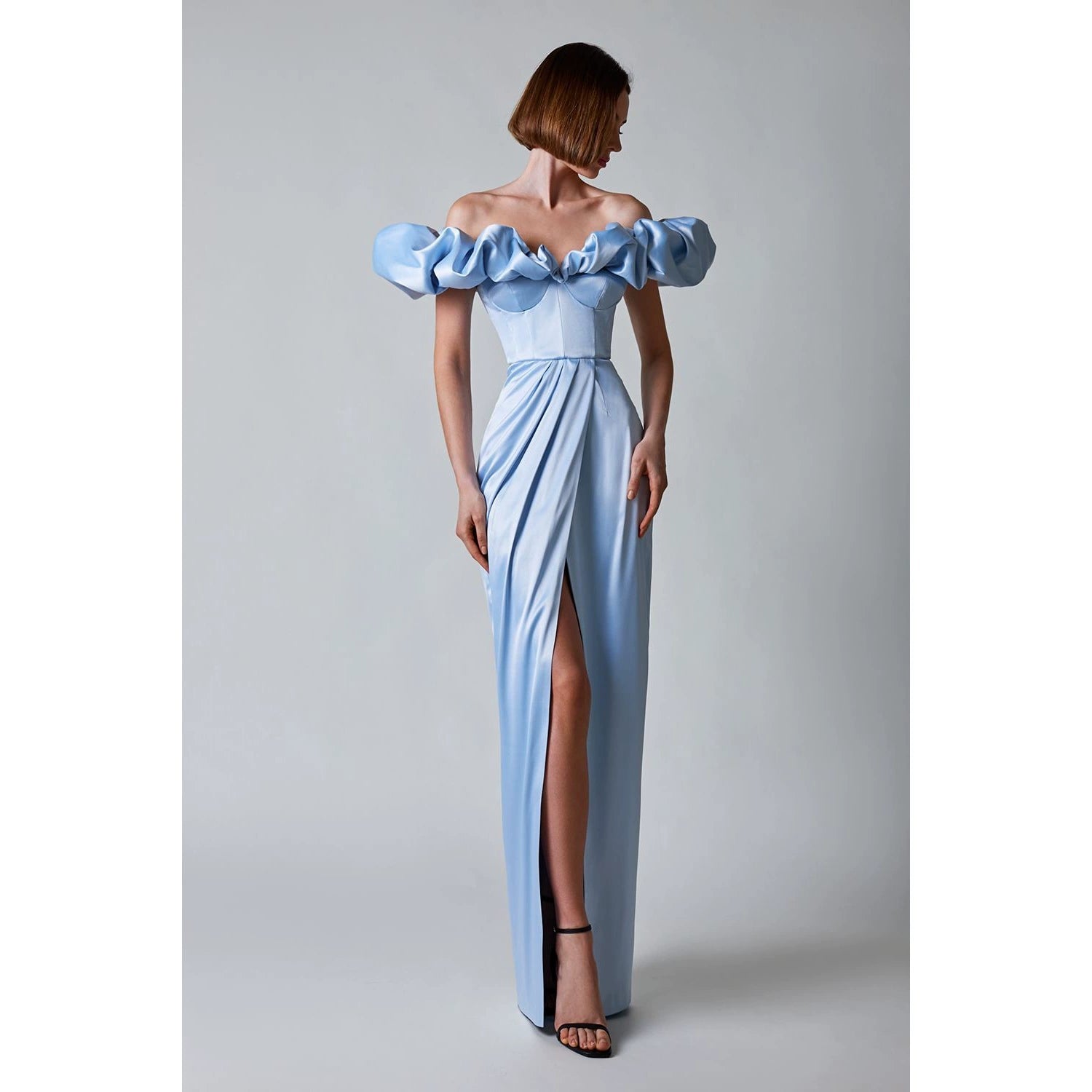 GLADYS BLUE CRYSTAL OFF-SHOULDER MAXI SPLIT DRESS