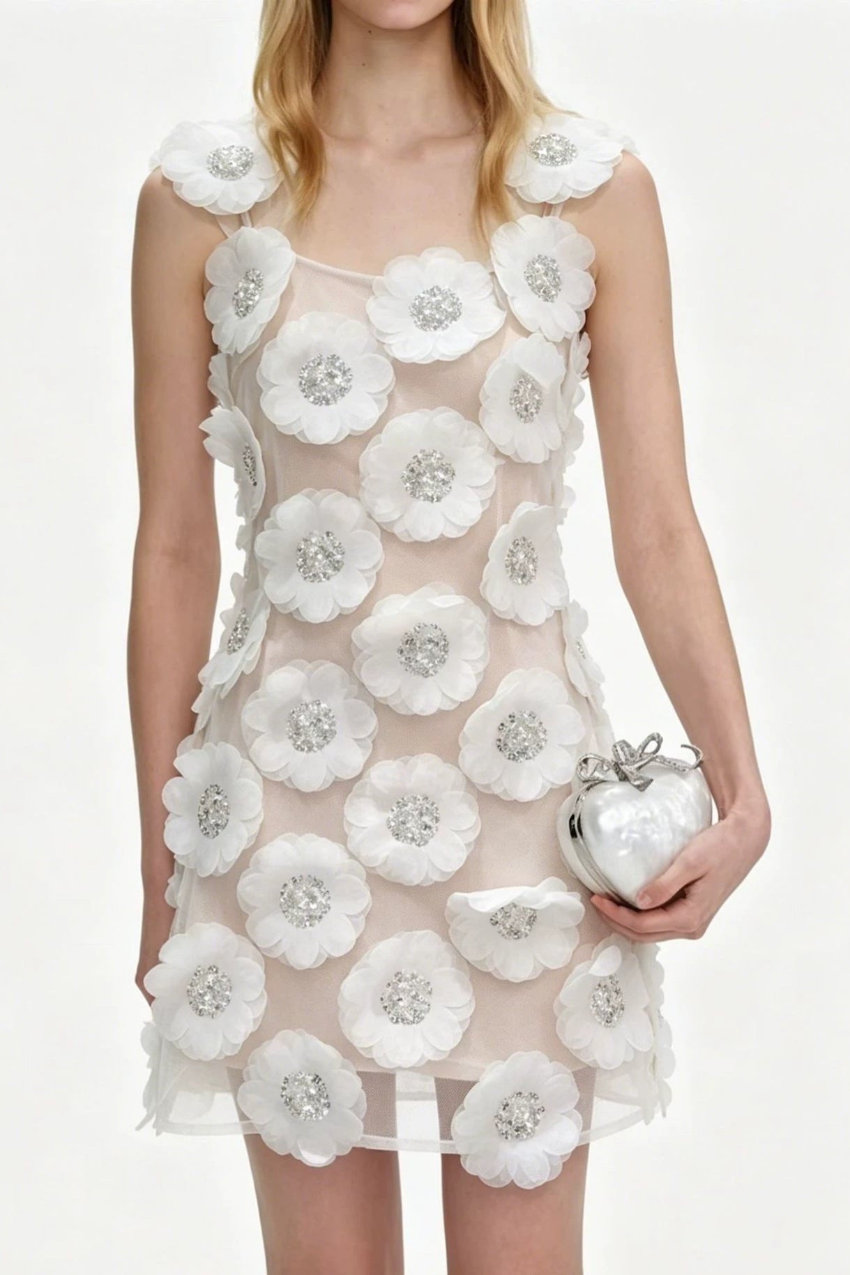 lola Rhinestone 3D Flowers mini dress - white