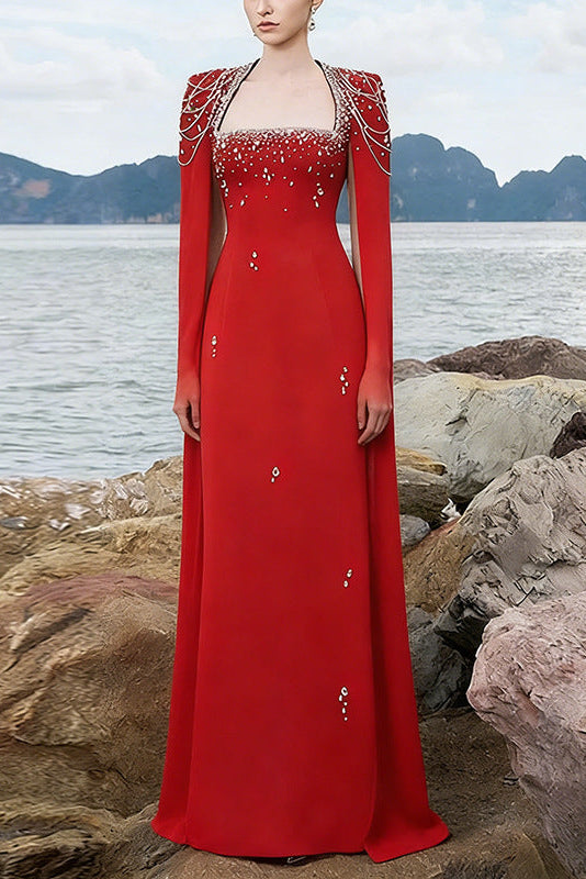 Red Beaded Cape Maxi Gown with Shawl Sleeves