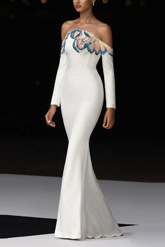 white off-shoulder collars nails beads diamond maxi dress