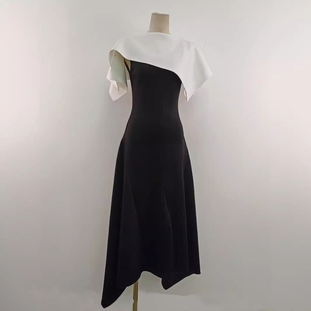 COLORBLOCK PATCHWORK MIDI DRESS IN BLACK