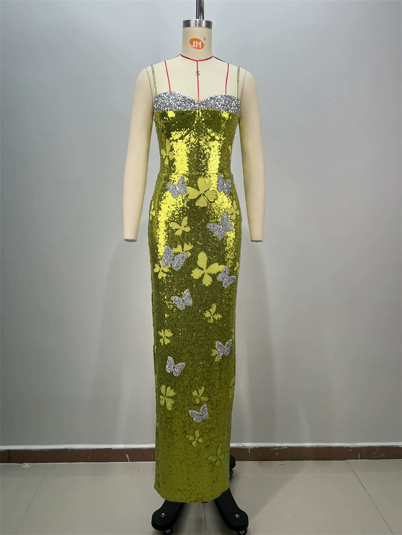 ABITO LUNGO ADERENTE CON STAMPA DI FIOCCO E PAILLETTES VERDE