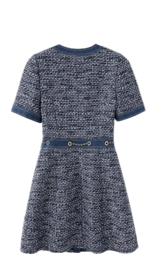 AIIZIE CHIC TWEED & DENIM MINI DRESS WITH GOLD CHAIN ACCENTS | HATSUYE - product image