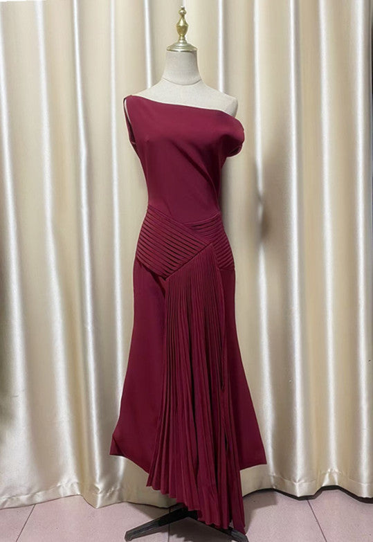 RED RUCHED DRAPED ASYMMETRIC MAXI DRESS