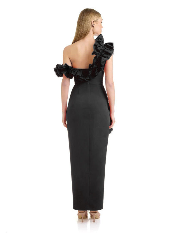 Gerüschtes V-Ausschnitt Schlitz Party Abendkleid Schwarz