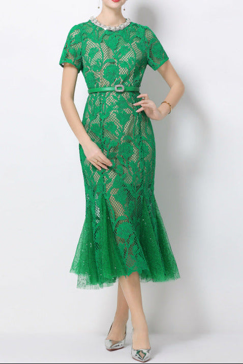 AIIZIE Rhinestone Floral Lace Fishtail Midi Dress in Emerald - product image