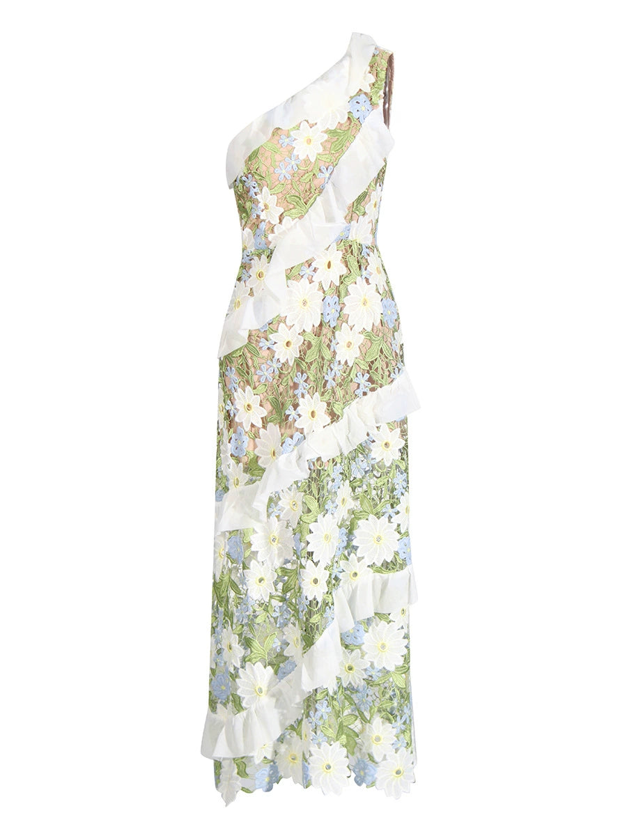 Geblümtes One-Shoulder-Maxikleid aus Spitze in Grün