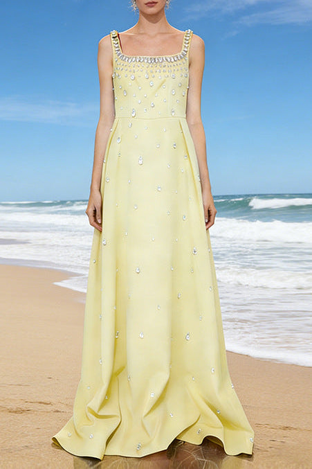 yellow beaded diamond sleeveless vest dress