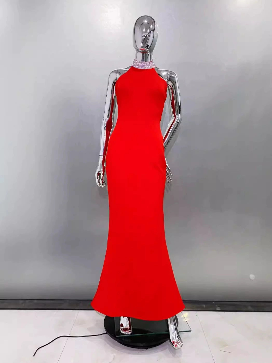 HEDWIG CRYSTAL HALTER SLEEVELESS BODYCON MAXI DRESS IN RED