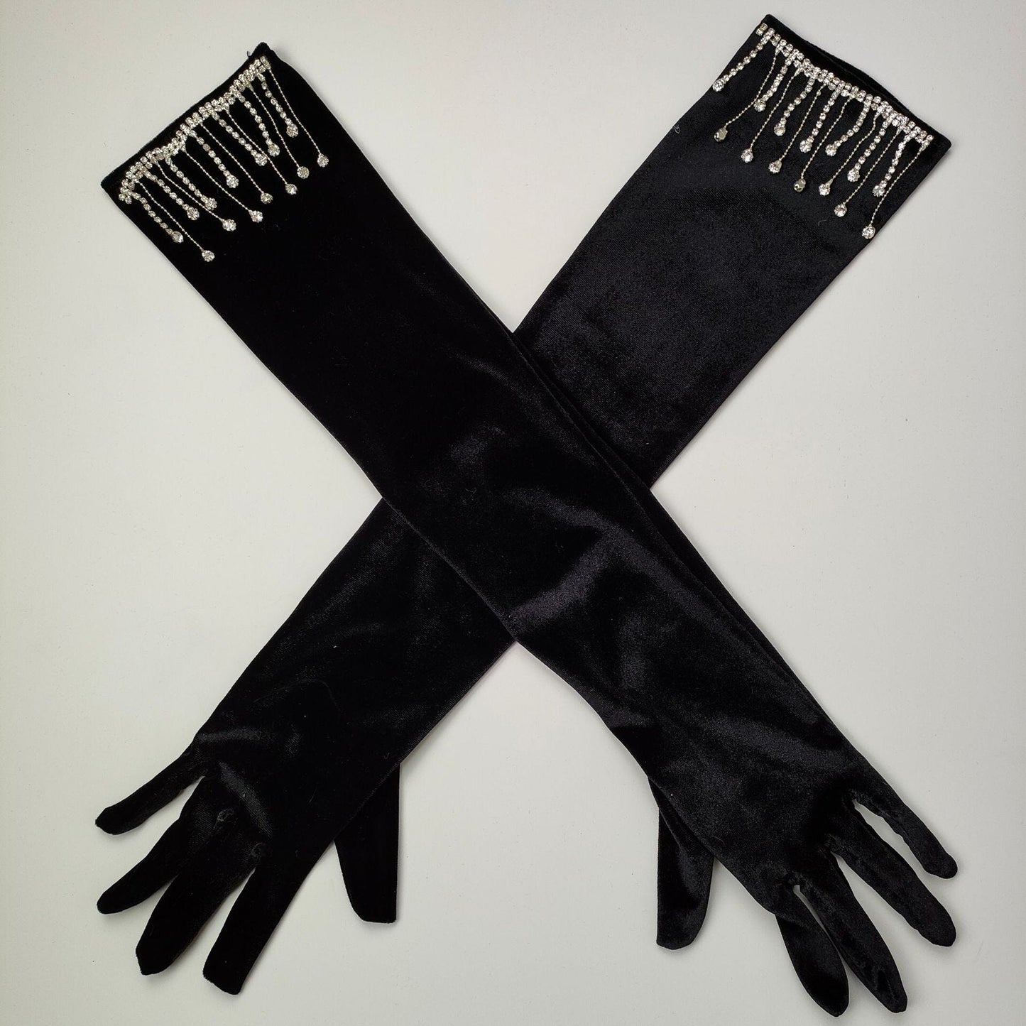 AIIZIE VELVET RHINESTONES LONG GLOVES WITH FRINGE - product image