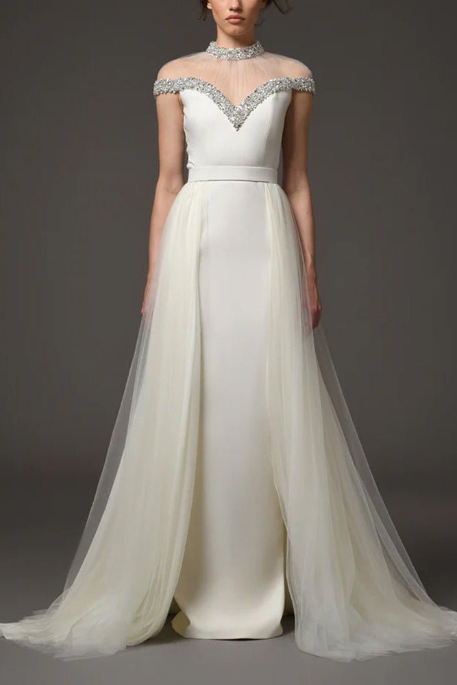 white beaded rhinestone maxi dress Mesh-Paneled Rhinestone-Embellished FINAL50 The EVA Hand Beaded Mermaid V Neck Backless Size:US12/UK16/EU44