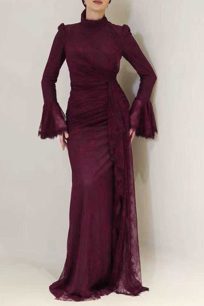 burgundy long sleeve lace maxi dress Victoria Lantern-Sleeve Lace-Trim in Size:AU8 - (US4) this dress effortlessly elevates web collection: black tie wedding Halter Neck Gown With