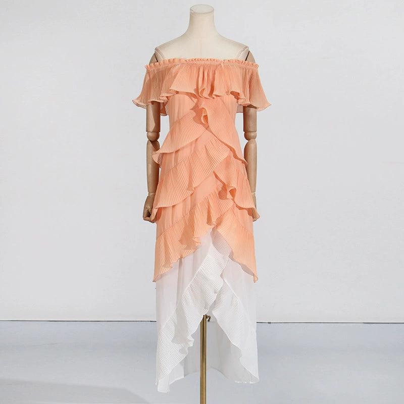 DORA PEACH MULTI OMBRE OFF-SHOULDER PLEATED ORGANZA MAXI DRESS