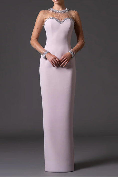 pink mesh splicing bead long dress with diamonds