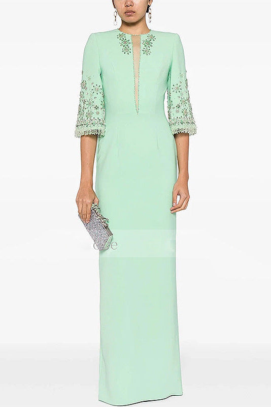 Mint Green Beaded Maxi Gown with Floral Sleeves