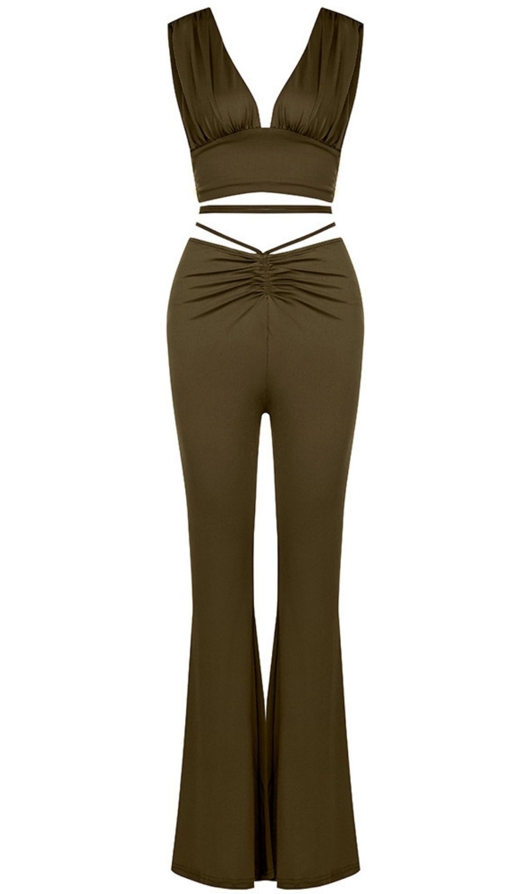 OPEN-BACK TOP AND HIGH-WAISTED BOOTCUT TROUSERS.