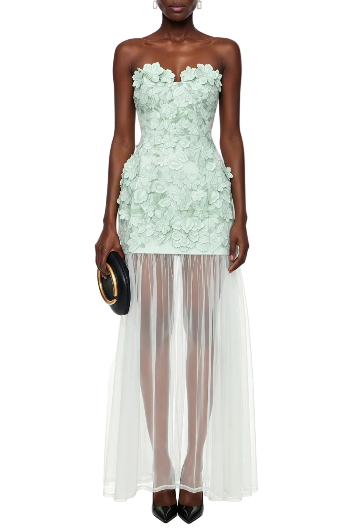 Pansya Floral Embroidery Strapless Maxi Dress - Mint
