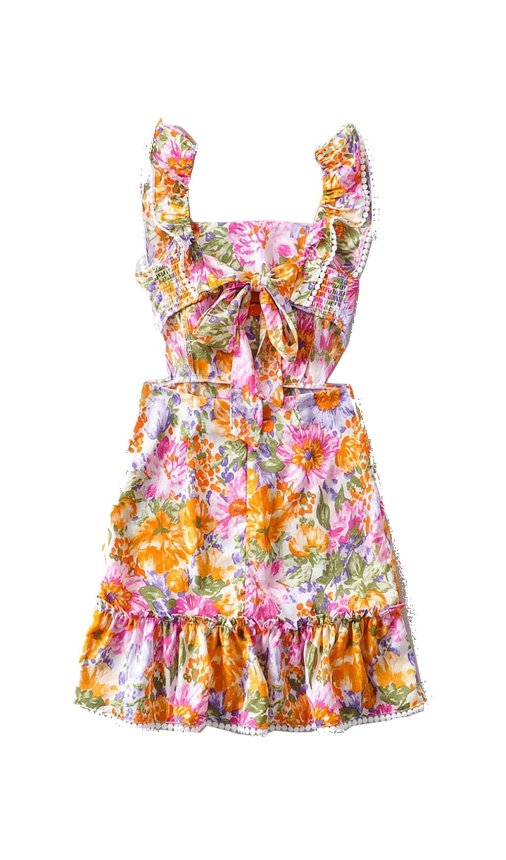 SQUARE NECK FLORAL RUFFLED MINI DRESS