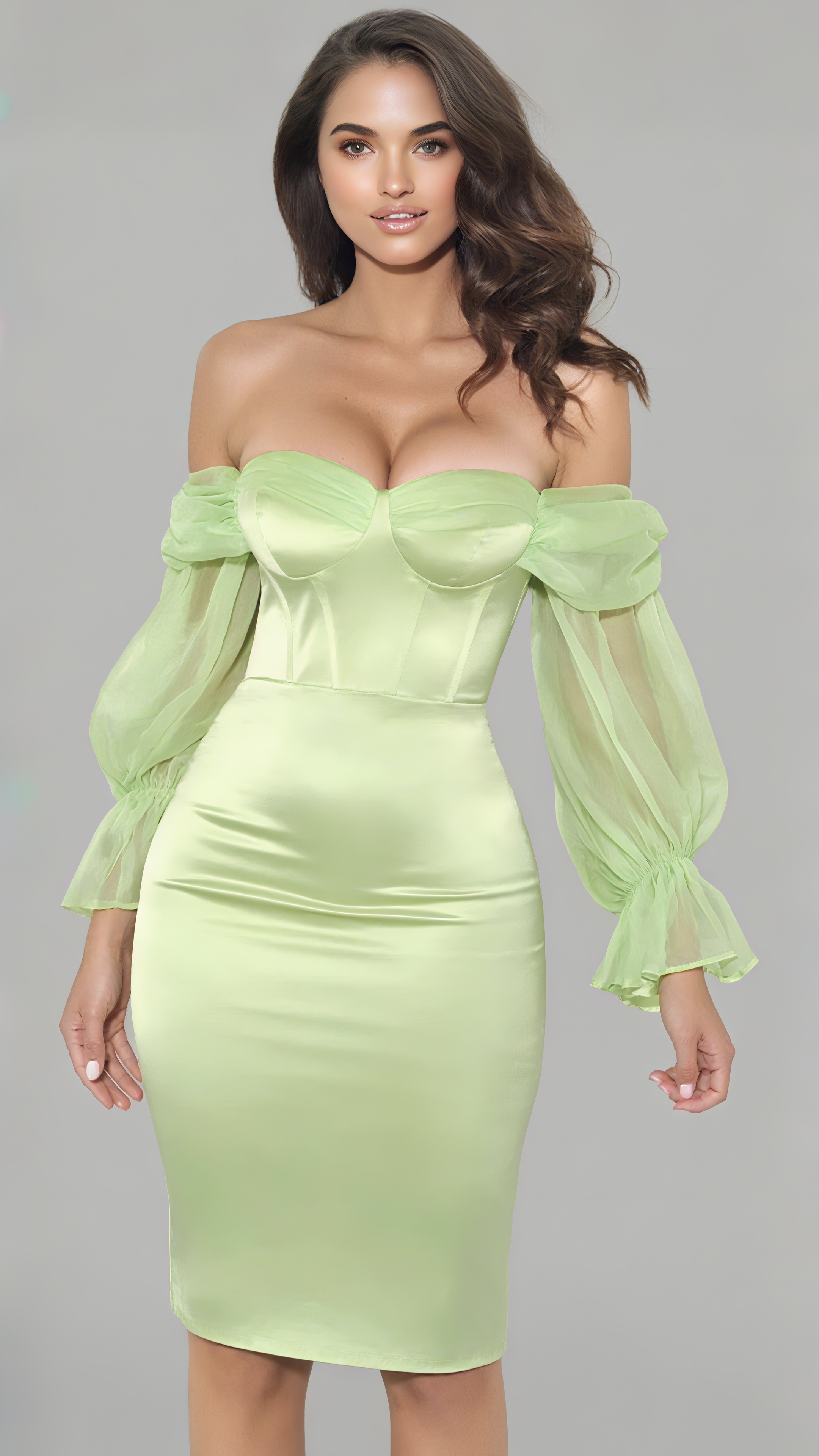 Mini abito senza spalline in raso con maniche a sbuffo color menta