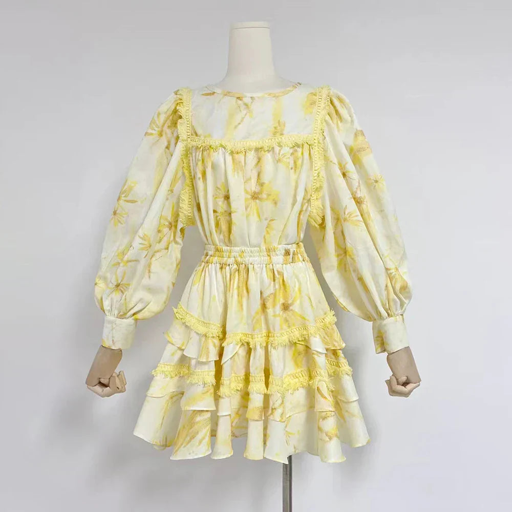 MABEL LAYER TRIM PRINT LANTERN SLEEVE MINI DRESS IN YELLOW