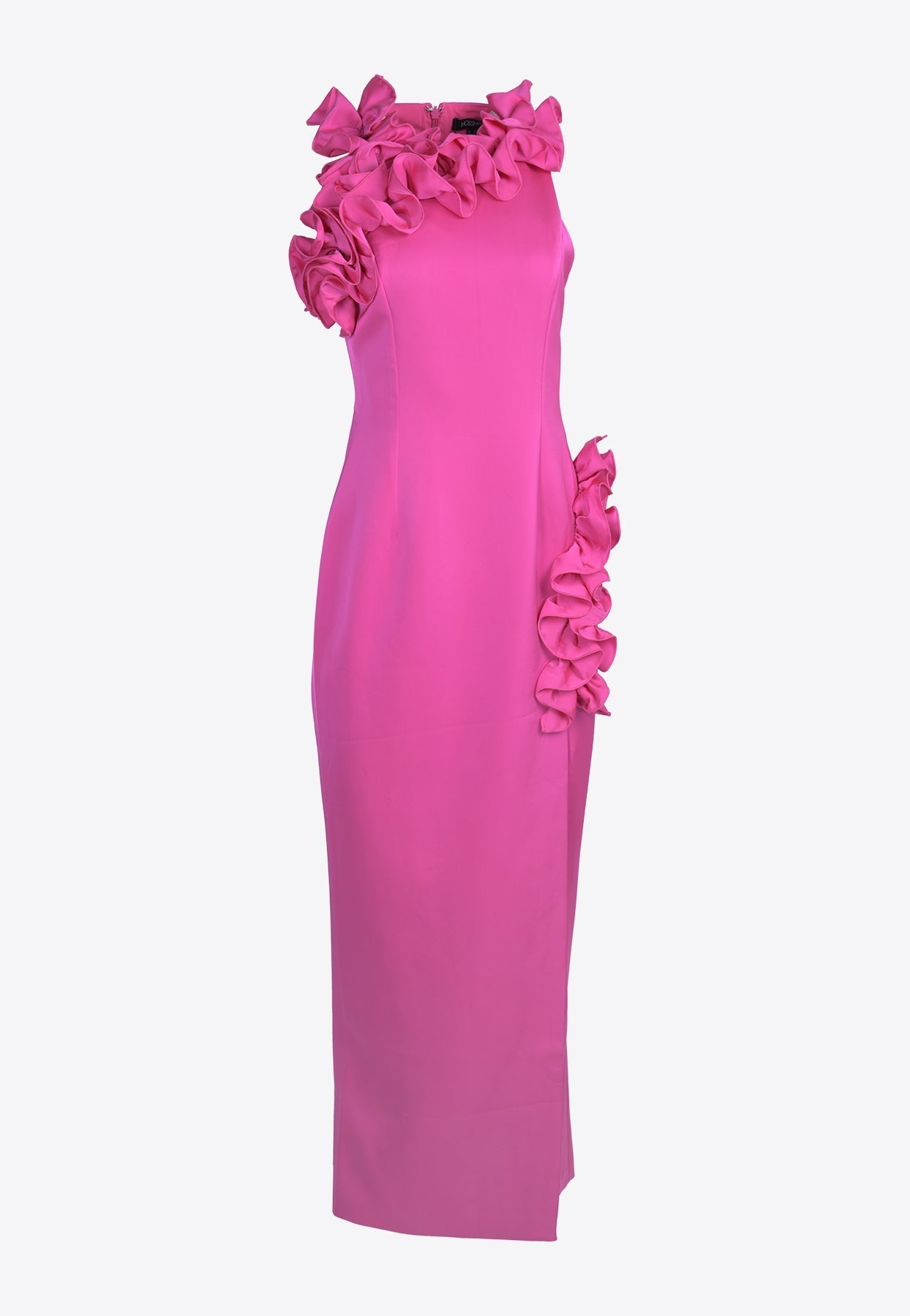 Abito midi rosa shocking con volant
