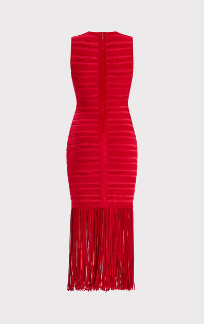 ROTES MIDIKLEID AUS STRUKTURIERTEM CHENILLE MIT FRANSEN
