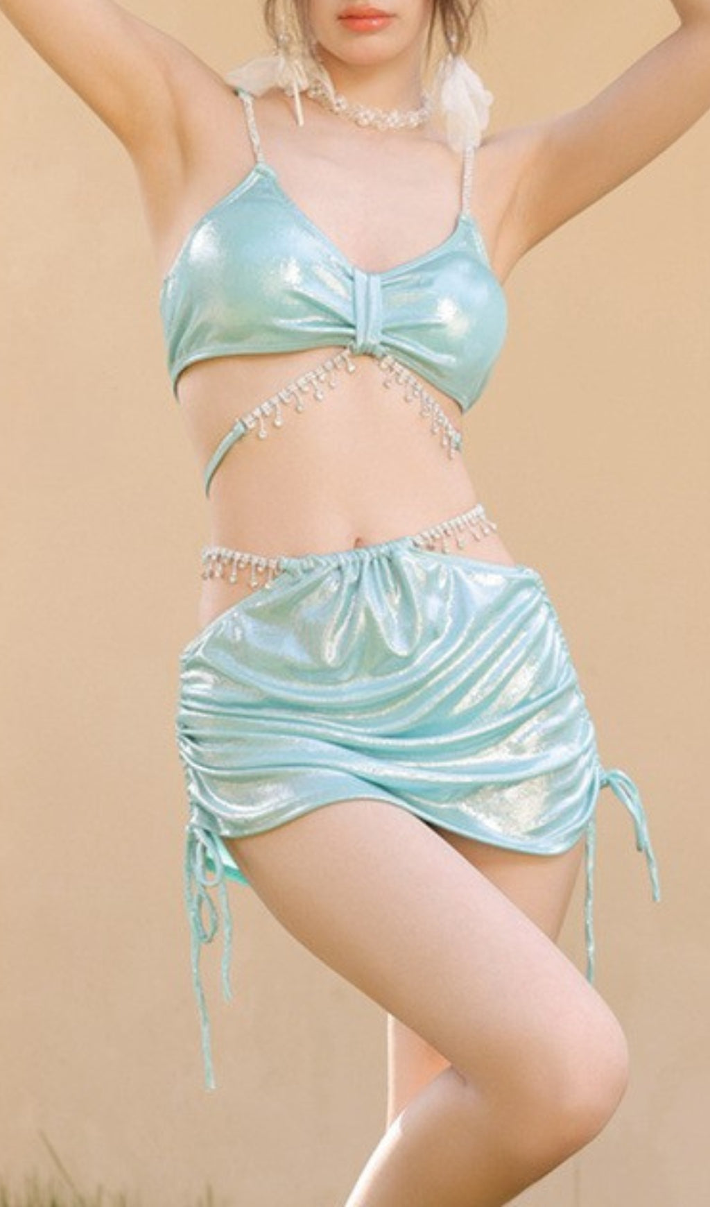 DORCAS MINT CRYSTAL THREE-PIECE SWIMSUIT