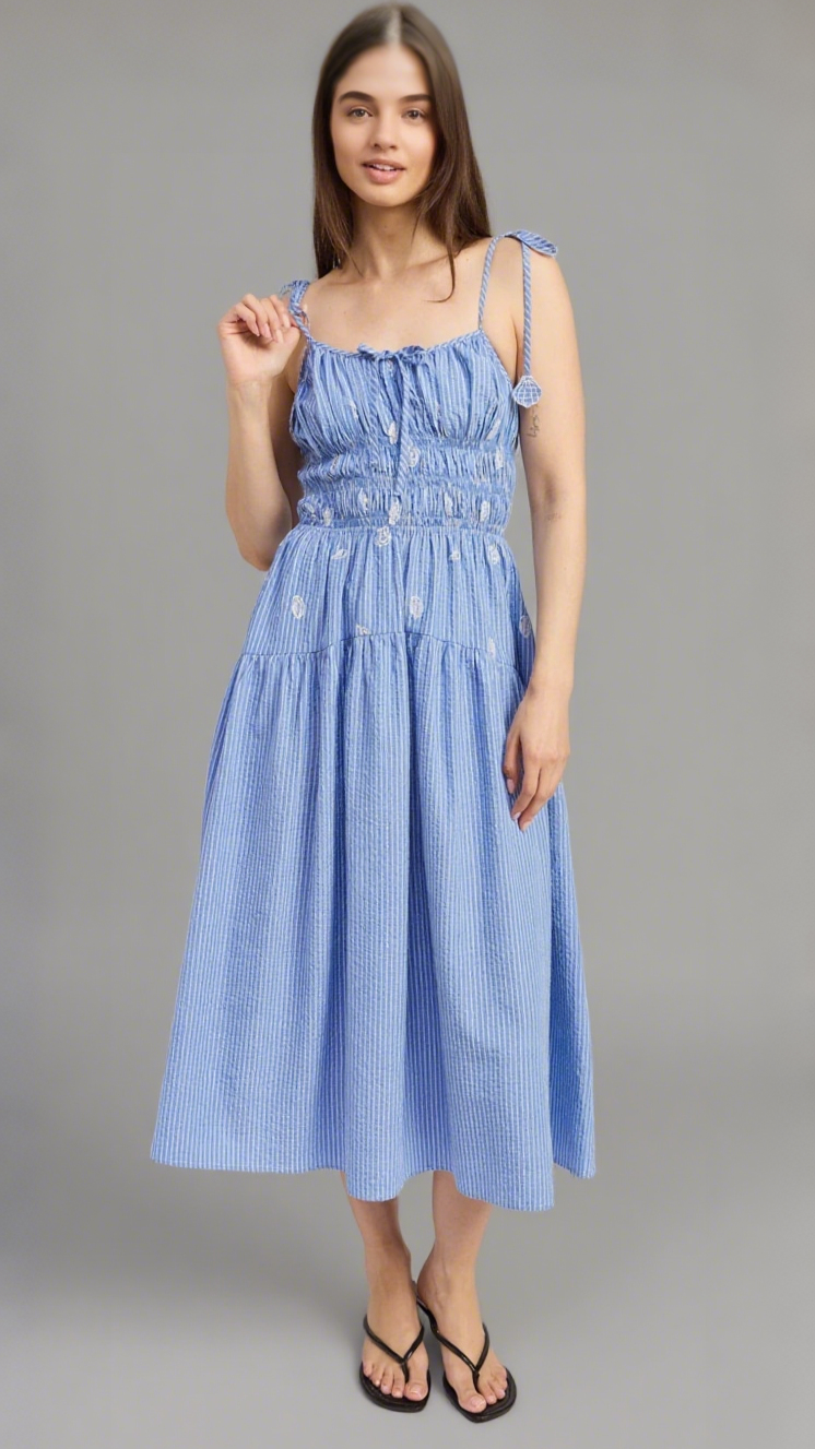 SIMONA EMBROIDERED STRIPES MIDI DRESS IN BLUE