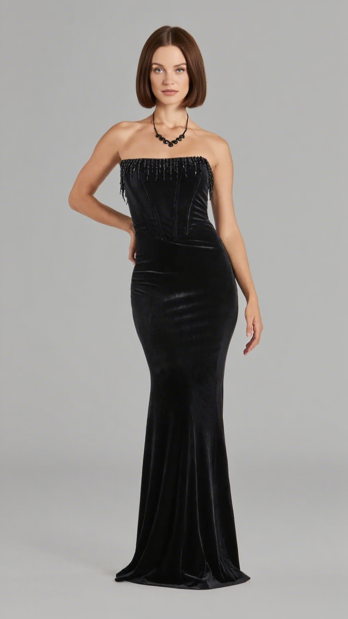 LUISA PEARL FRINGE TRIM VELVET CORSET MERMAID DRESS