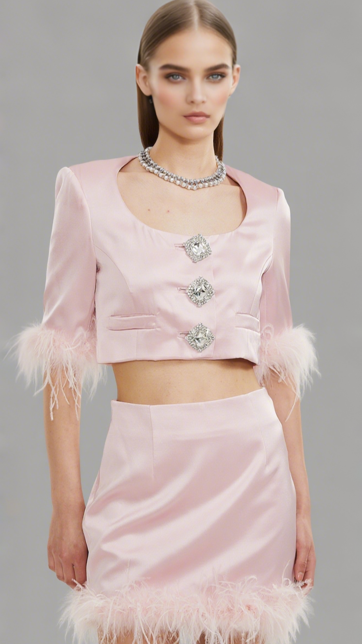 Flavia satin feather top & skirt matching set