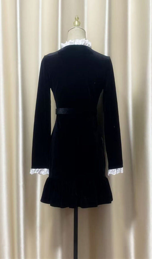 AIIZIE HIRAANI BLACK VELVET GLAM MINI DRESS | LUXE RUFFLE LACE & CRYSTAL EMBELLISHMENTS - product image