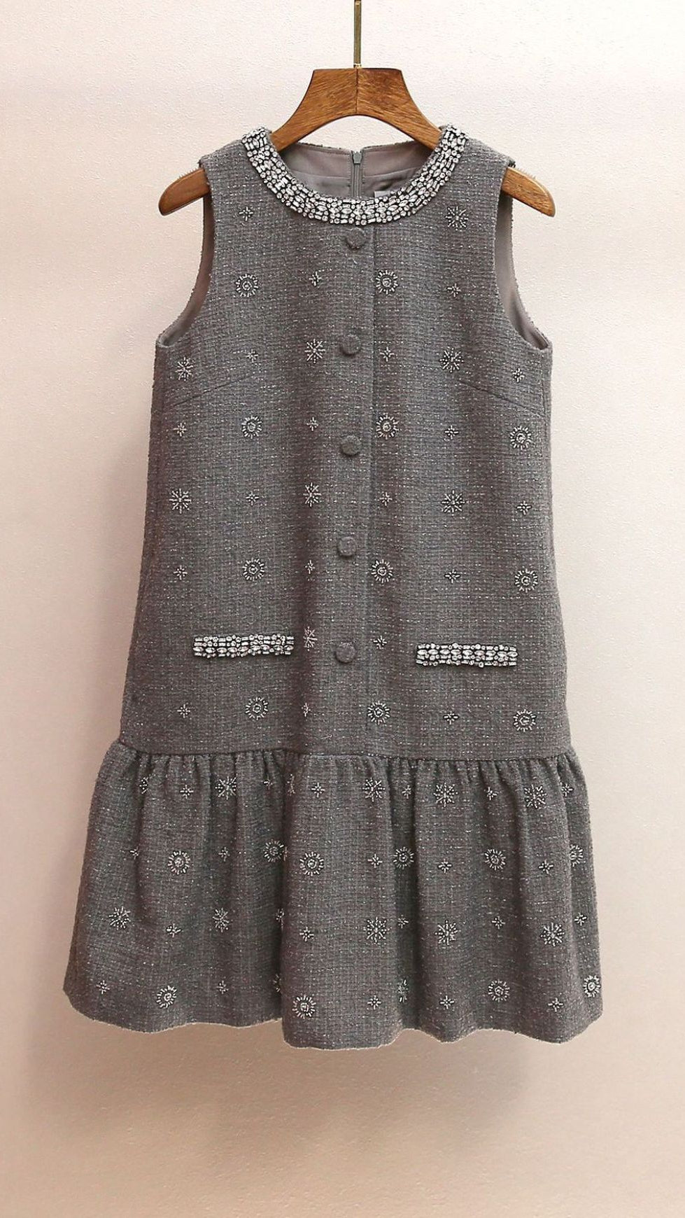 HASANA SPARKLING GREY TWEED SLEEVELESS MINI DRESS WITH CRYSTAL EMBELLISHMENTS