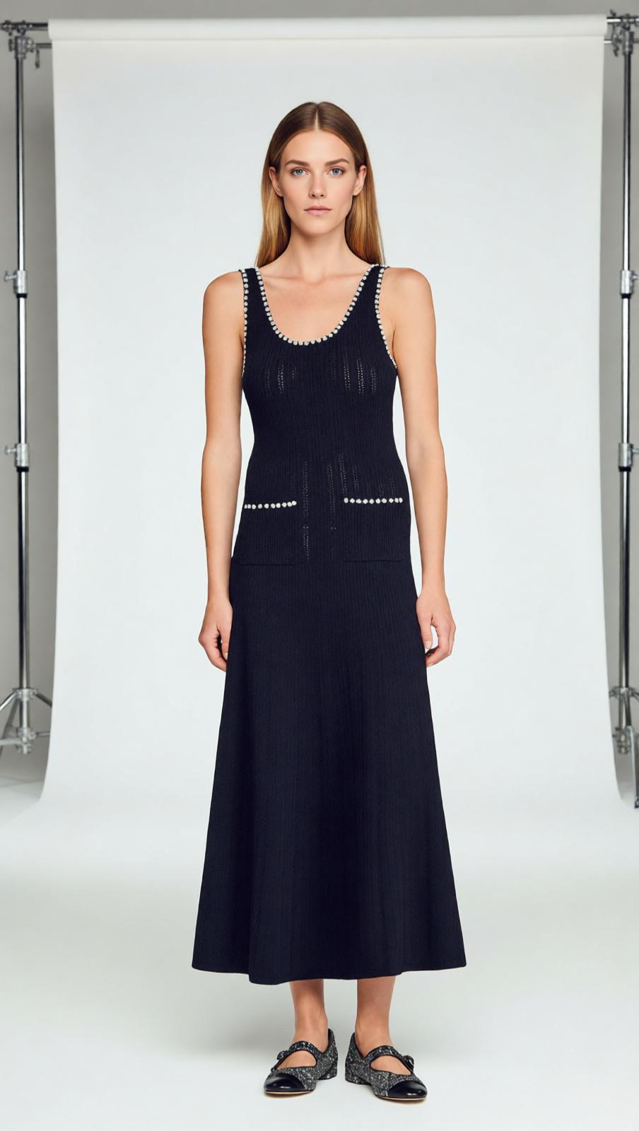 Chic Beaded Rib Knit Sleeveless Midi Dress with Pockets