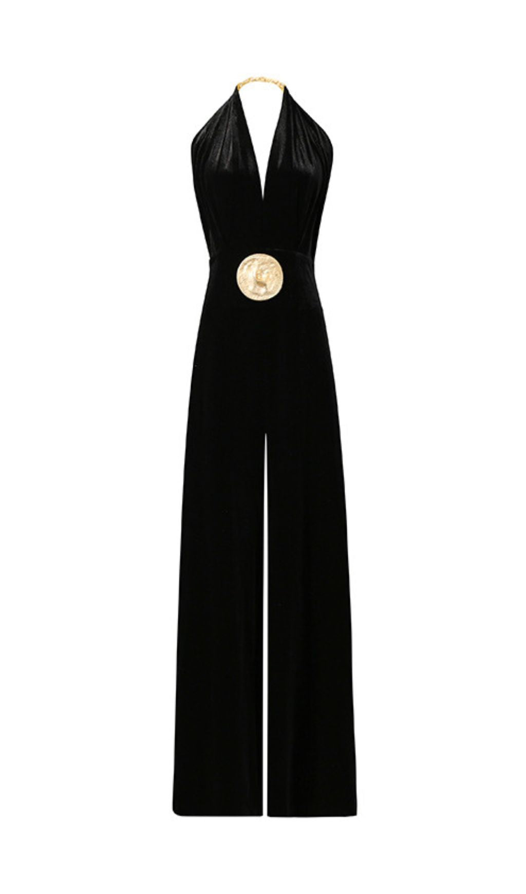 BRYTNI HALTERNECK VELVET JUMPSUIT | ELEGANT WIDE-LEG WITH STATEMENT GOLD BUCKLE