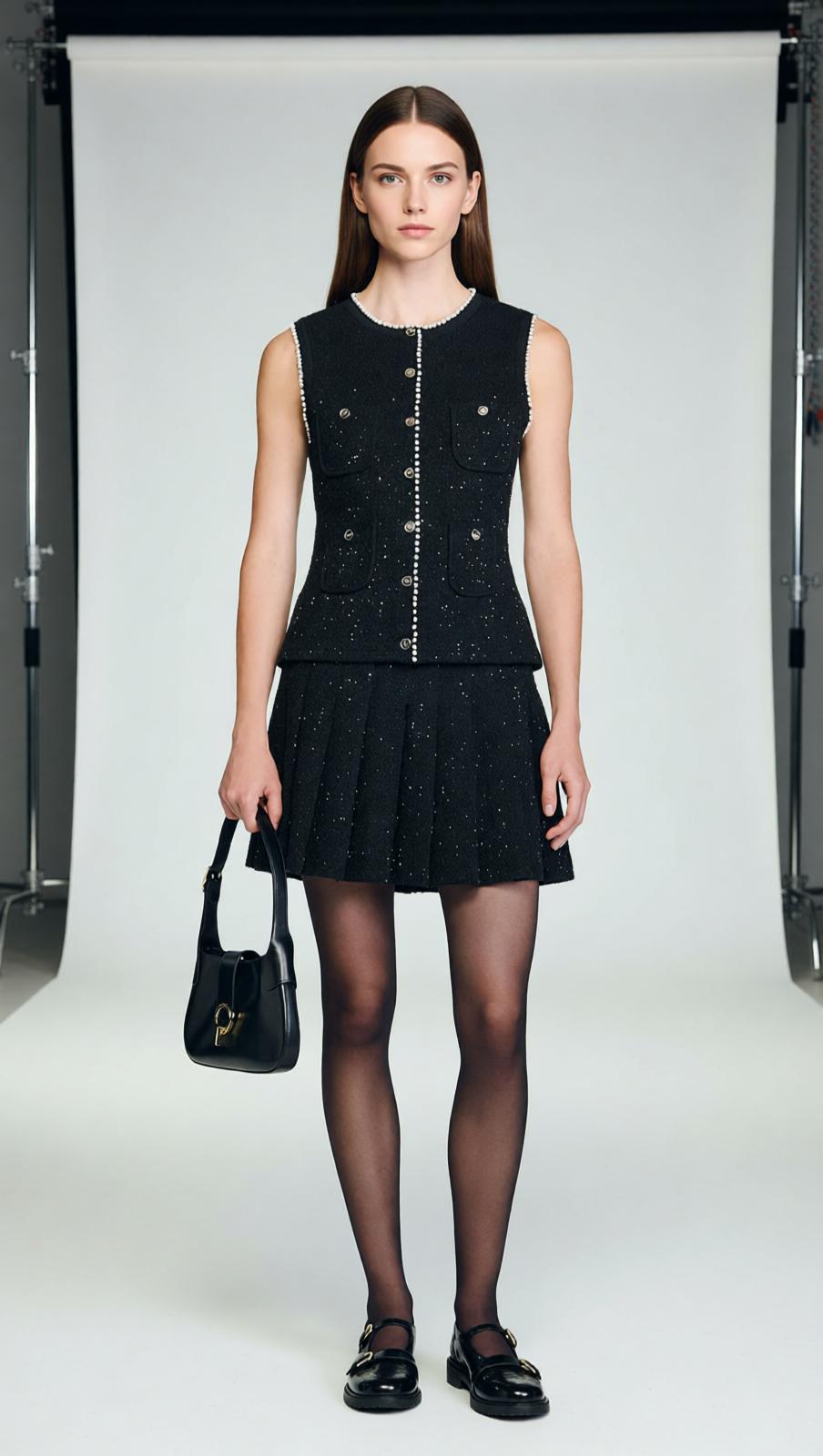 Chic Black Sparkle Tweed Sleeveless Vest Top with Pearl Buttons