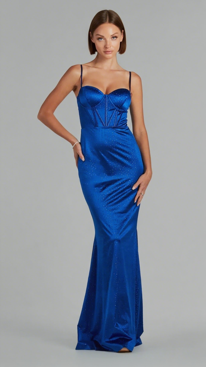 JAIDEN BUSTIER RHINESTONE SATIN FORMAL DRESS