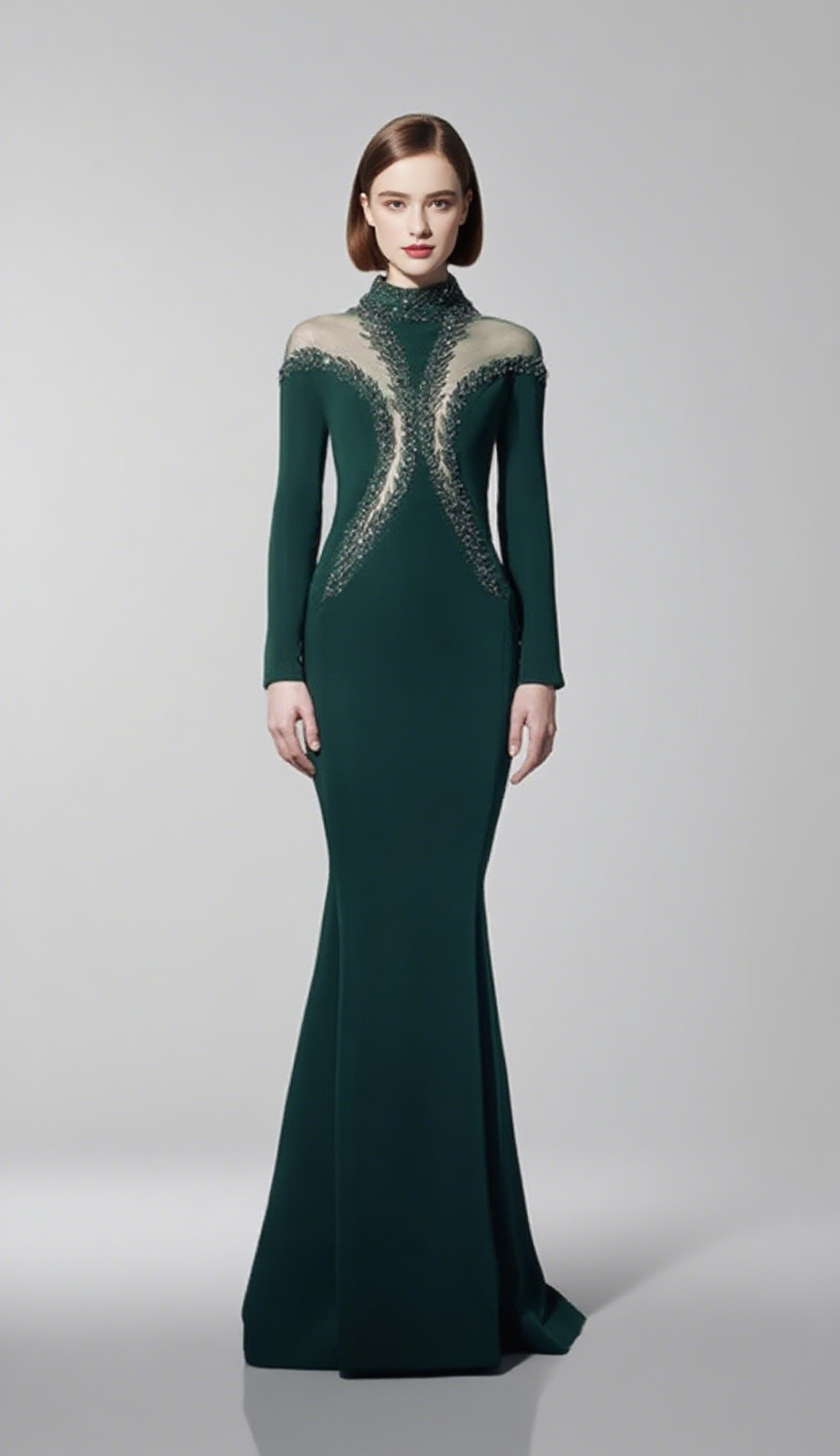 MOCK NECK BEADED MERMAID MAXI DRESS IN DARK GREEN