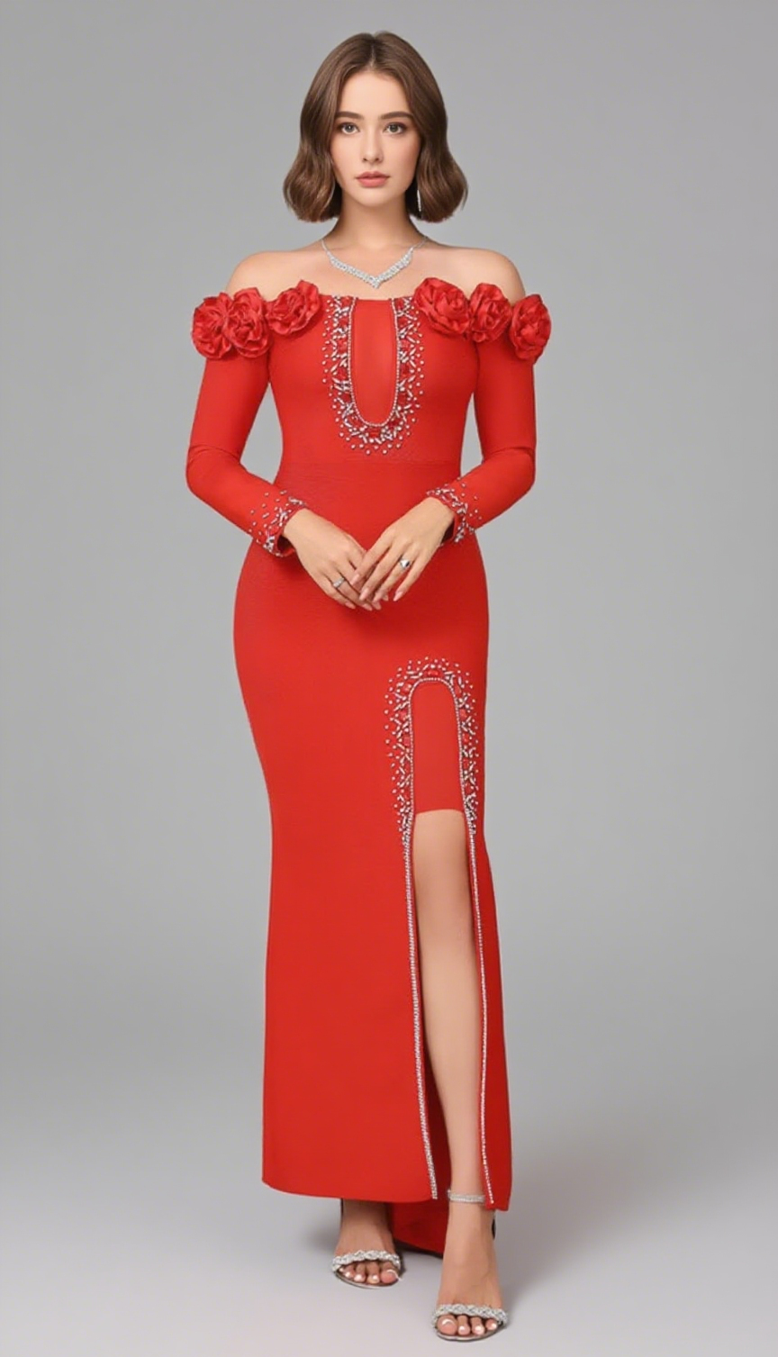 OFF SHOULDER FLORAL TRIM RHINESTONE EMBELLISHED GOWN IN RED