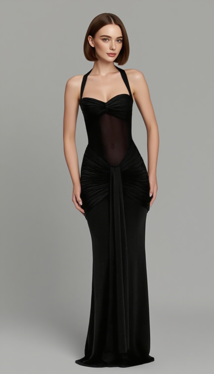 Neckholder-Maxikleid mit Twist-Ausschnitt und Rüschen in Schwarz