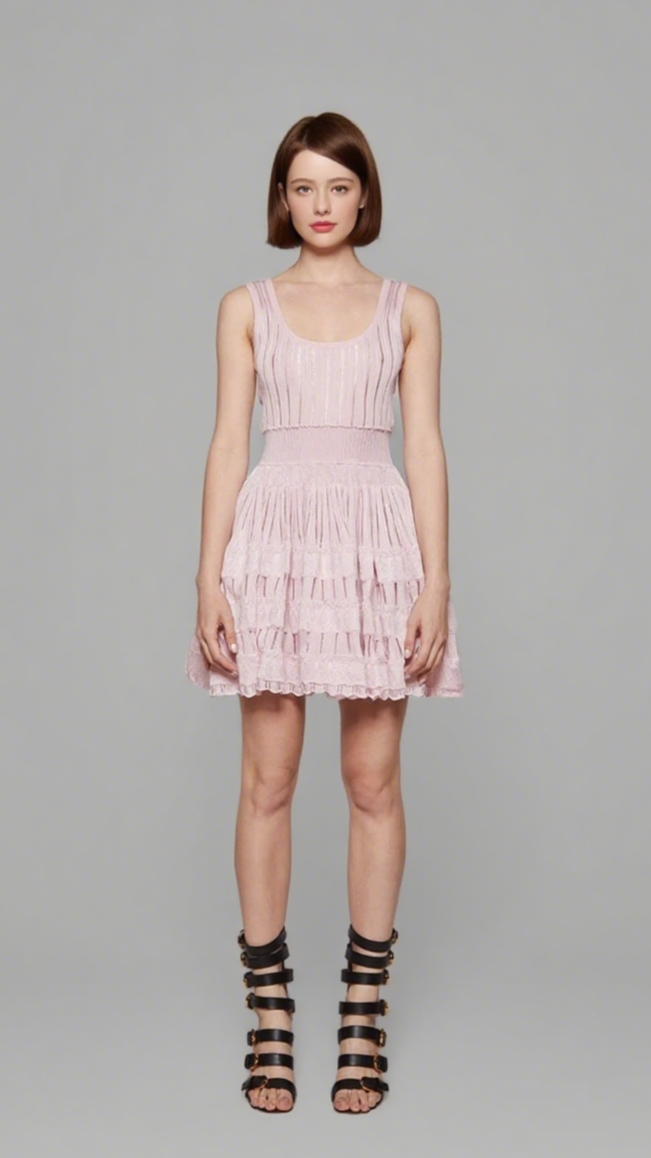 mini abito in maglia traforata a coste rosa