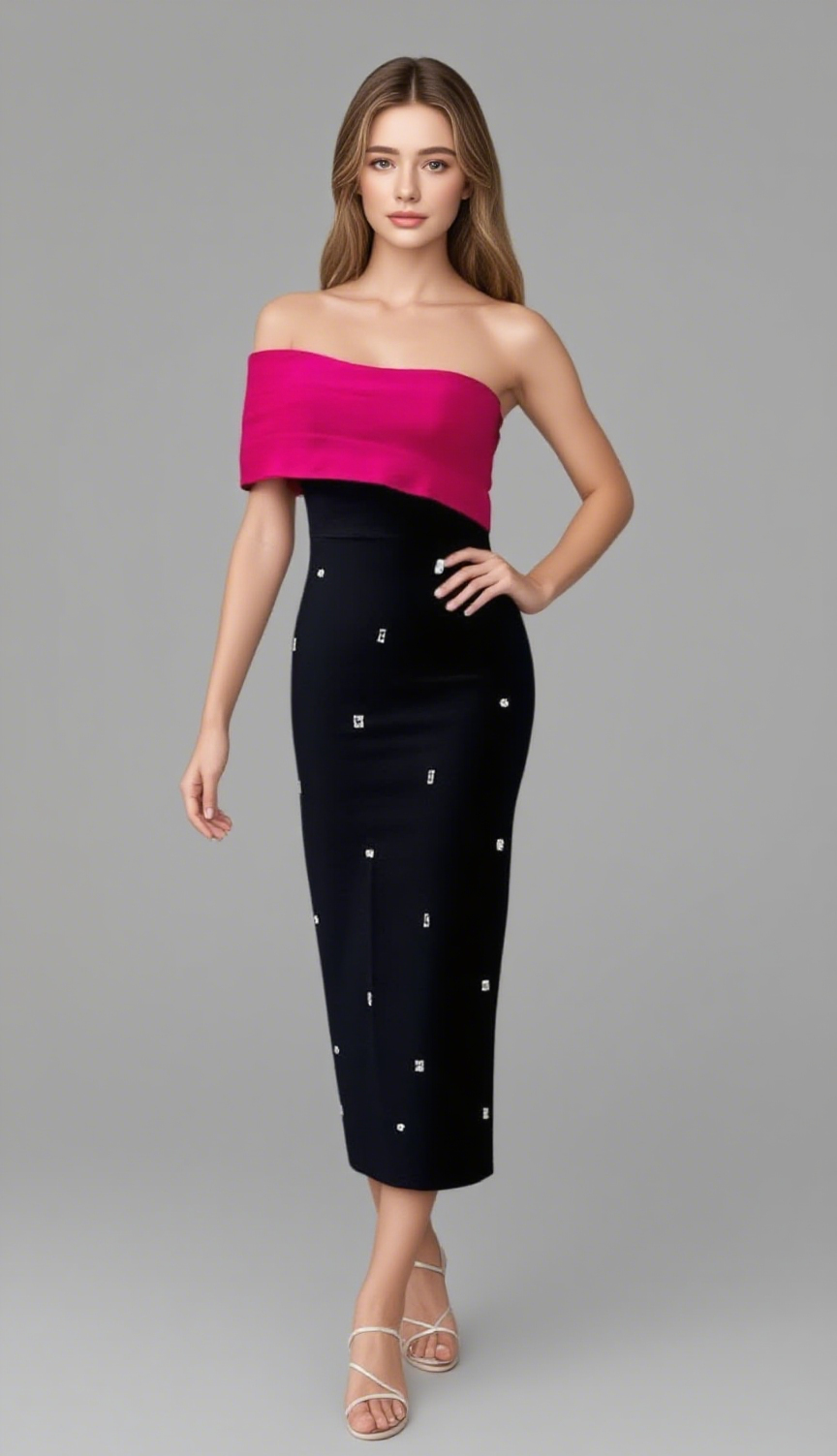 OFF SHOULDER RHINESTONE EMBELLISHED MIDI DRESS IN ROSE RED