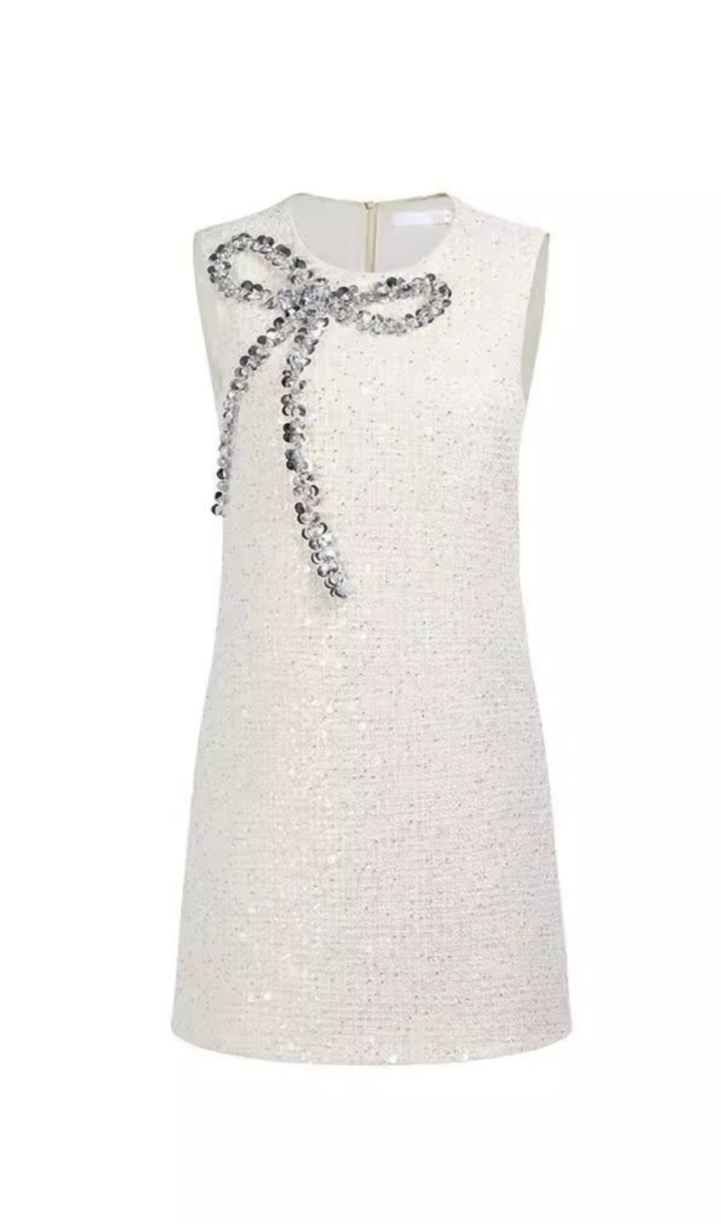 Ärmelloses Minikleid aus Tweed mit Schleife und Pailletten in Weiß
