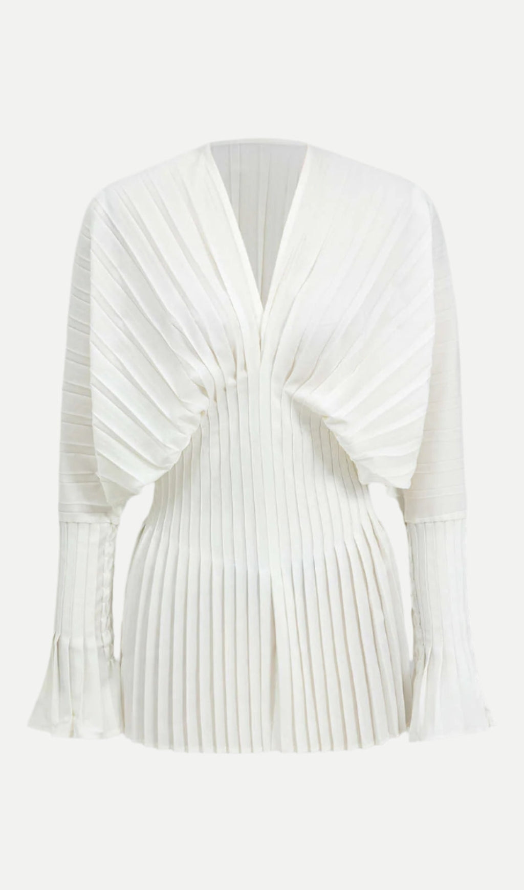 Pleated Bell Sleeve V-Neck Mini Dress in white