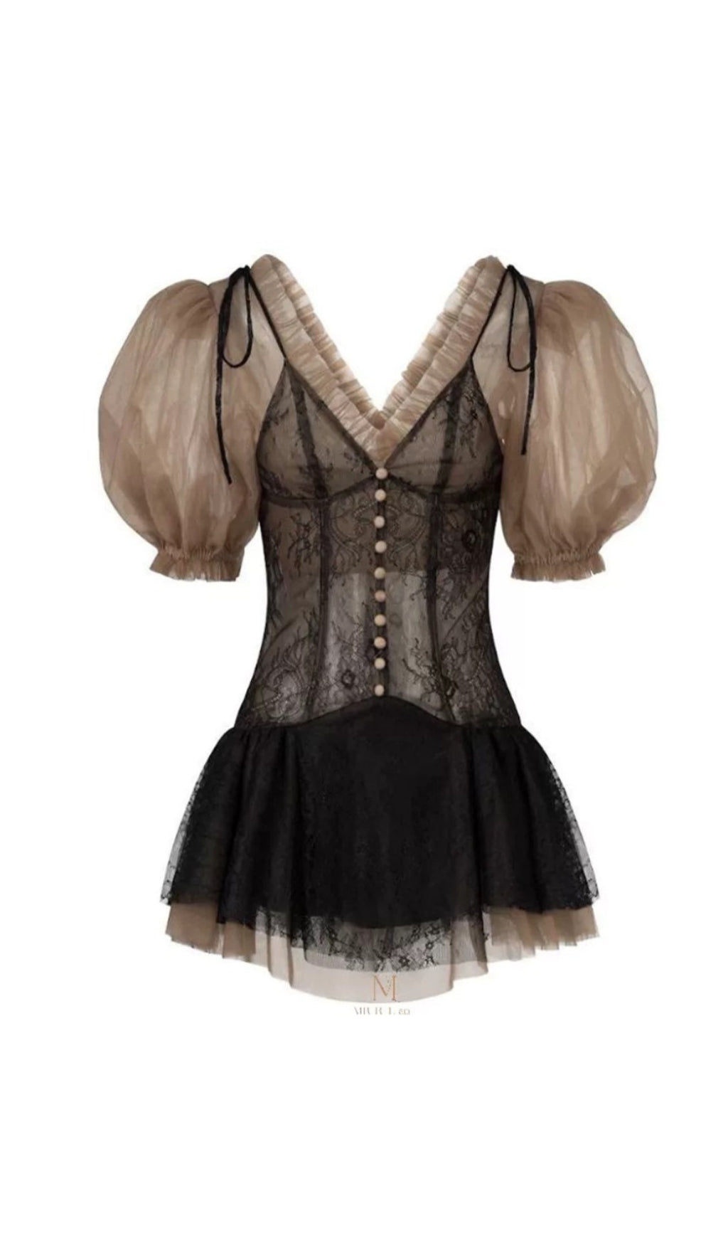 Set aus Oberteil und Spitzenrock mit Puffärmeln in Schwarz